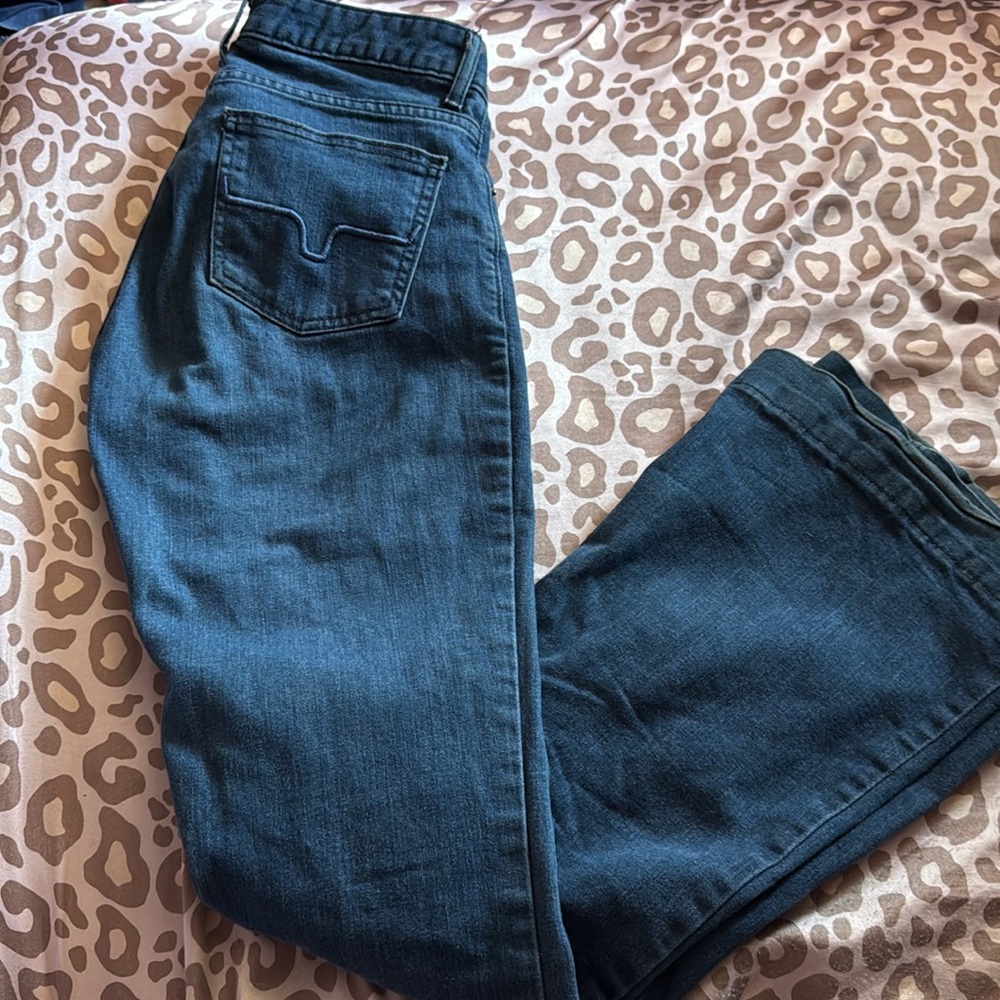Kimes Ranch Blue Flare Wide Leg Jeans with Decorative Stitching
